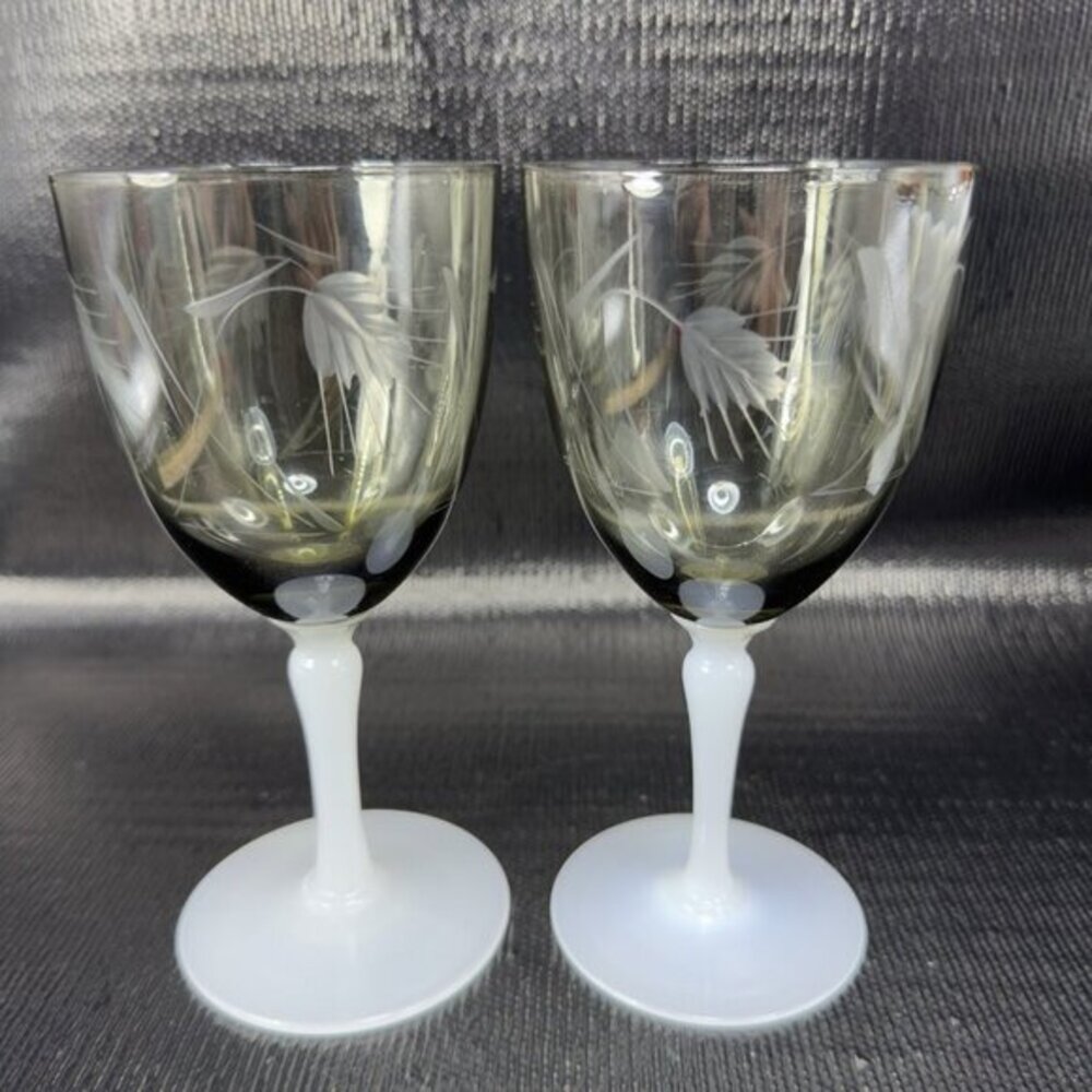 Antique Blown Glasses Cups Set 2 BarWare Stemware Smokey Etched Top White Bottom